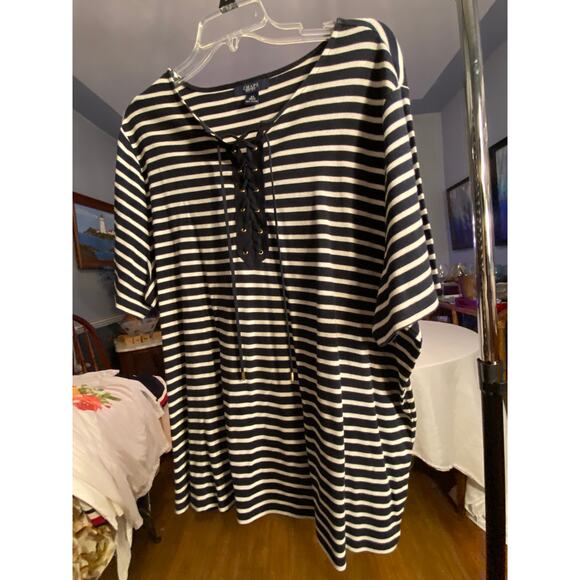 Women's Chaps3X Black / White Striped T-Shirt, Short Sleeves, lace up front neck - Picture 7 of 12